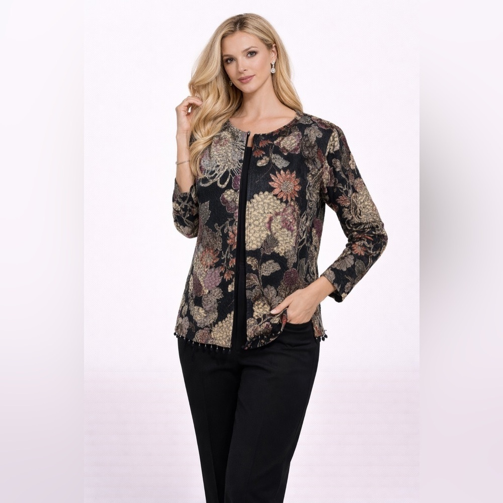 SK Floral Shimmer Jacket Women’s M Black Gold Beaded Open Front Dressy Top